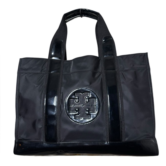 Tory Burch Handbags - Tory Burch Ella Nylon Tote Black Patent Trim Large Logo Bag